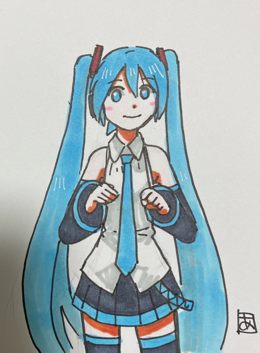 初音ミク 「新しく買ったブルーグリーンのお試し塗り、青寄りだね」|あらがいのイラスト