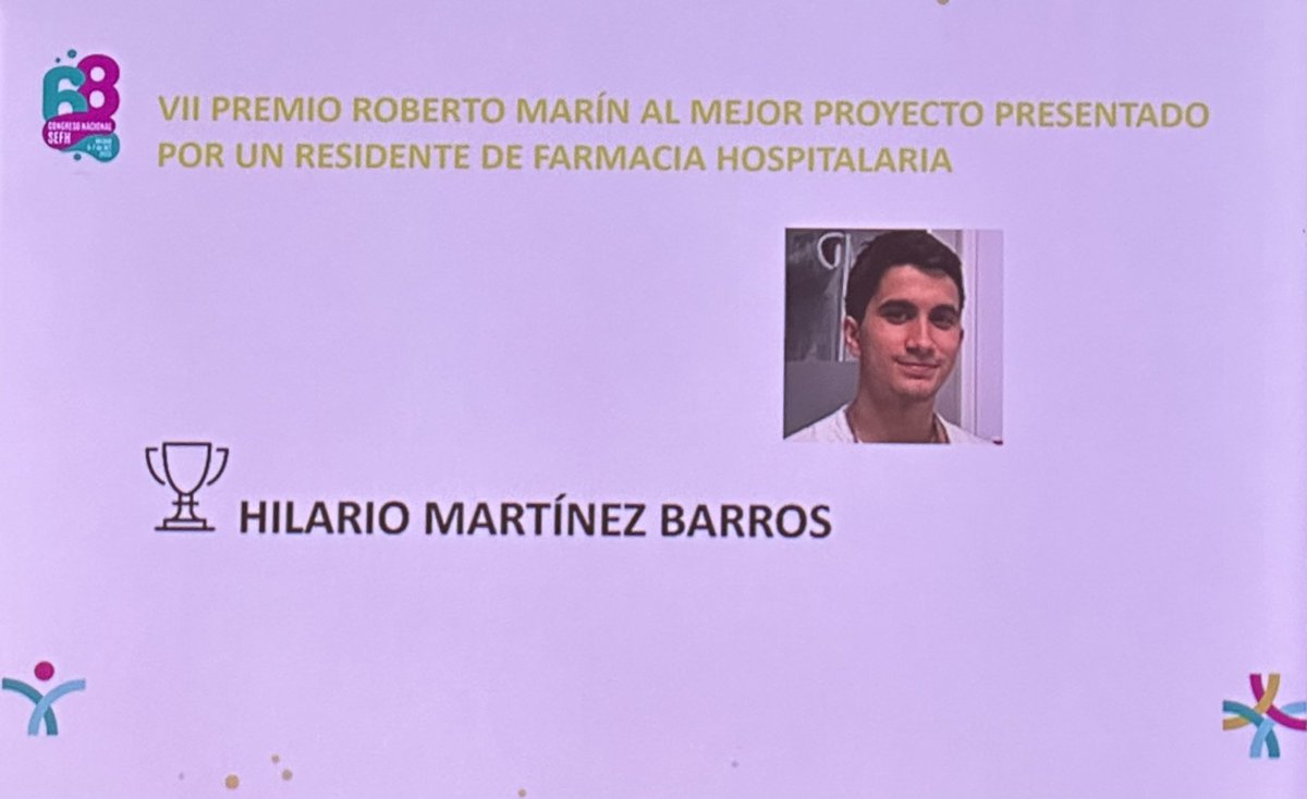 PabloFeijoo_19's tweet photo. Moitos parabéns @Hilario_FH 👏👏Premio Roberto Marín como mellor residente de Farmacia Hospitalaria. Moi orgullosos de ti! https://t.co/0WYFZ1feiA