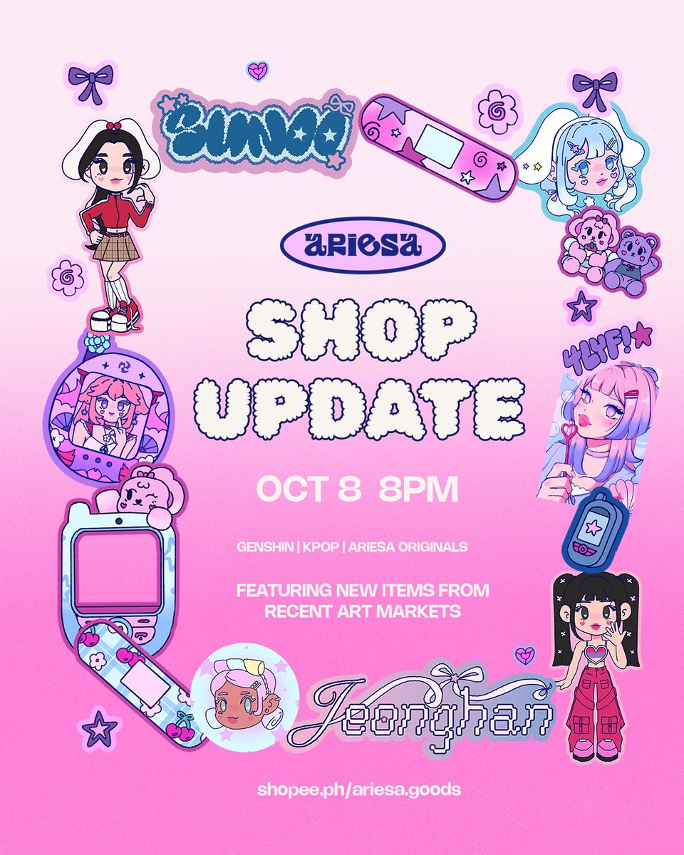 ⭐️ ARIESA SHOP UPDATE ⭐️

OCT 8 | 8PM
 
featuring ariesa originals, genshin, and kpop fanmerch from previous art markets and cons! 
