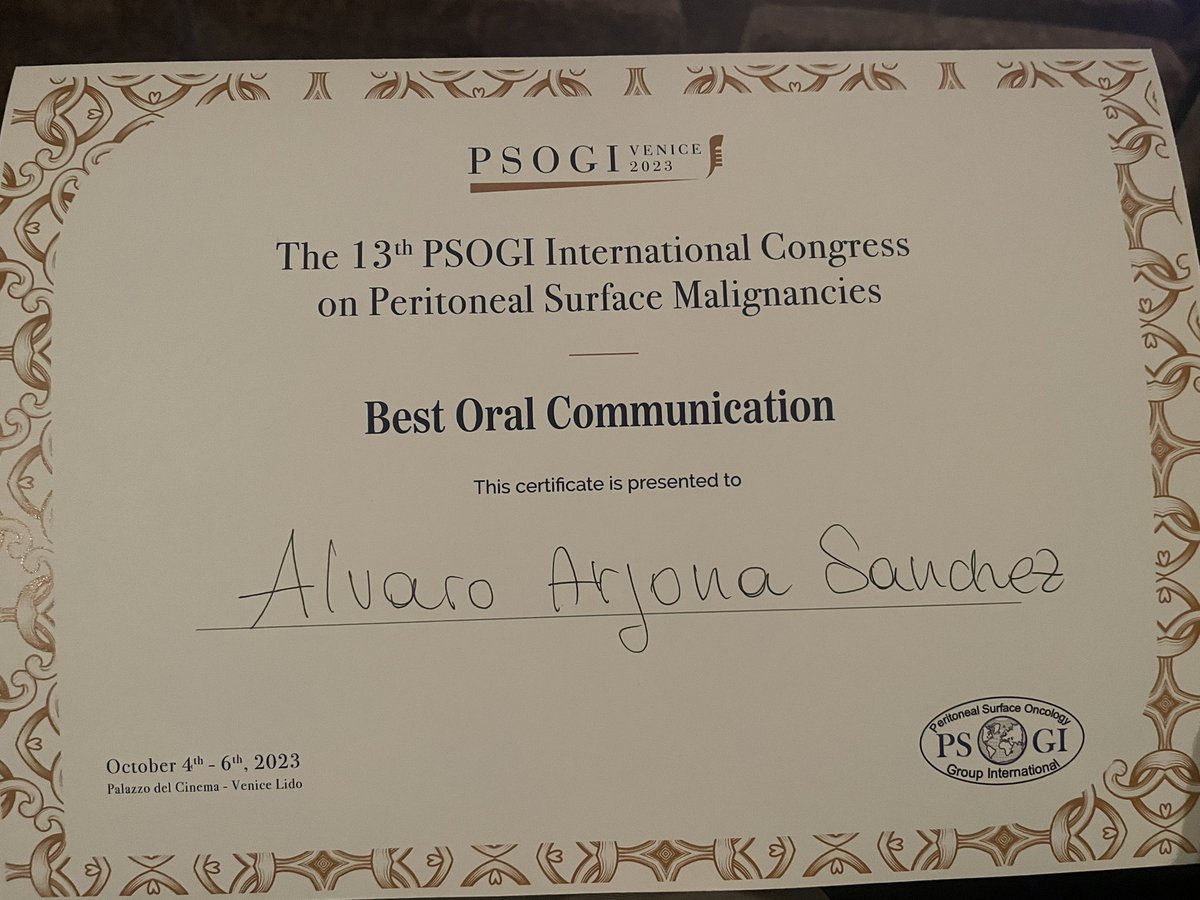 Honored to receive Best Oral Comunication in 13th congress PSOGI International Congress on Peritoneal Surface Malignances, about laparoscopic approach in peritoneal carcinomatosis. @HUReinaSofia @IMIBIC @ISSPP1 @indepso @aecirujanos @PSOGI_EC