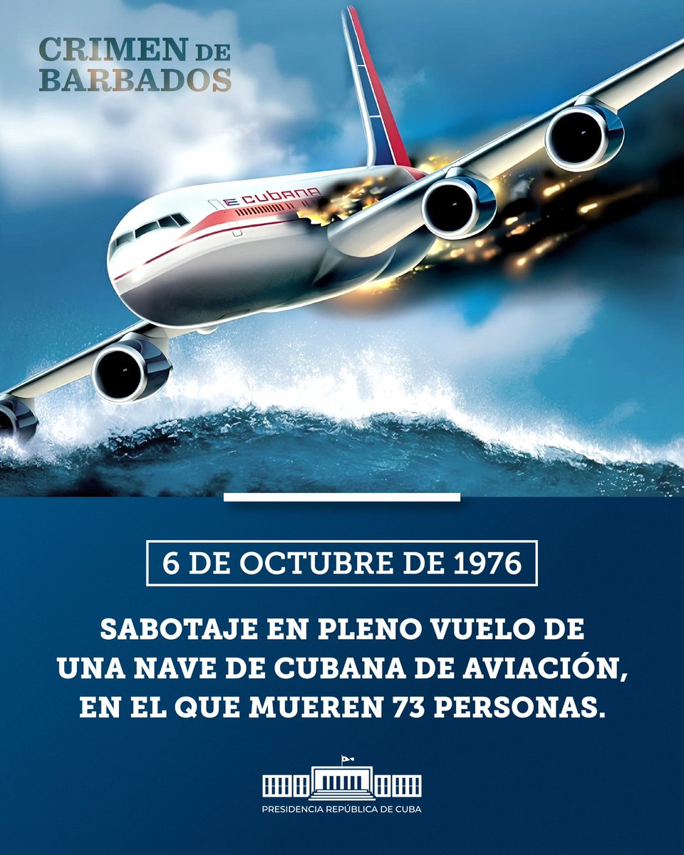 #NoAlTerrorismo que hace 47 años nos arrebató 73 vidas plenas y una en gestación. Que jamás ha dejado de amenazar a nuestro pueblo. Que aún hoy persiste en sus planes de odio y destrucción contra #Cuba.

 #TenemosMemoria