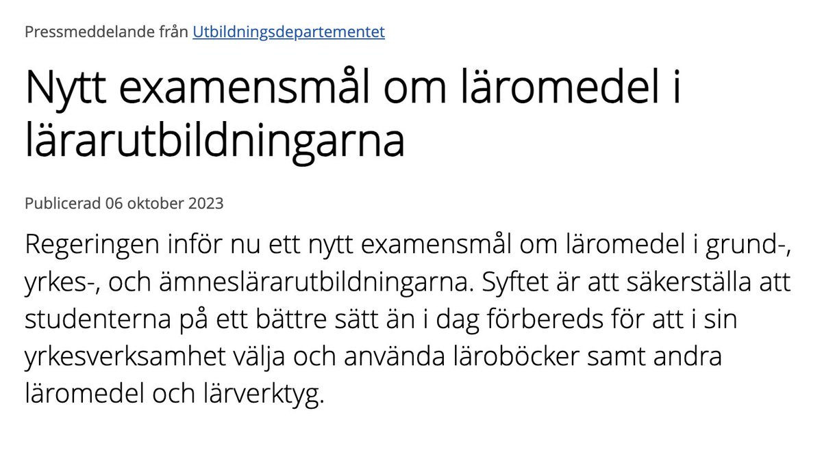 Regeringens expertmyndighet: Införande av nya mål i examensordningen ska ske restriktivt och alltid föregås av ett grundligt förarbete. […] Det gäller inte minst de utbildningar som redan har många mål att ta i beaktande.
Regeringen:
