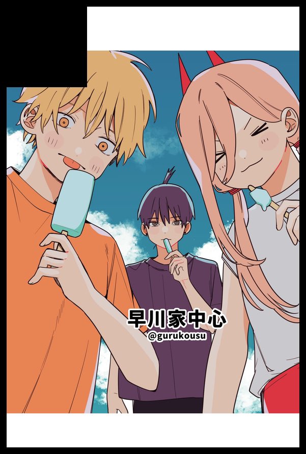 denji (chainsaw man) ,hayakawa aki ,power (chainsaw man) 1girl 2boys multiple boys blonde hair food shirt horns  illustration images
