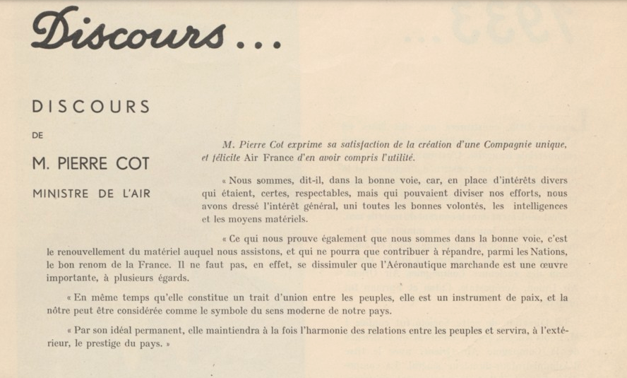 PaulineAle's tweet photo. "Un trait d'union entre les peuples", "un instrument de paix", "symbole de modernité". 

Les 90 ans #AirFrance, l'occasion aussi relire le discours du ministre de l'air de l'époque. 

Merci @GallicaBnF et le musée AF pour ces numérisations, indispensables pour les chercheurs ! https://t.co/YhDs4hPBpq