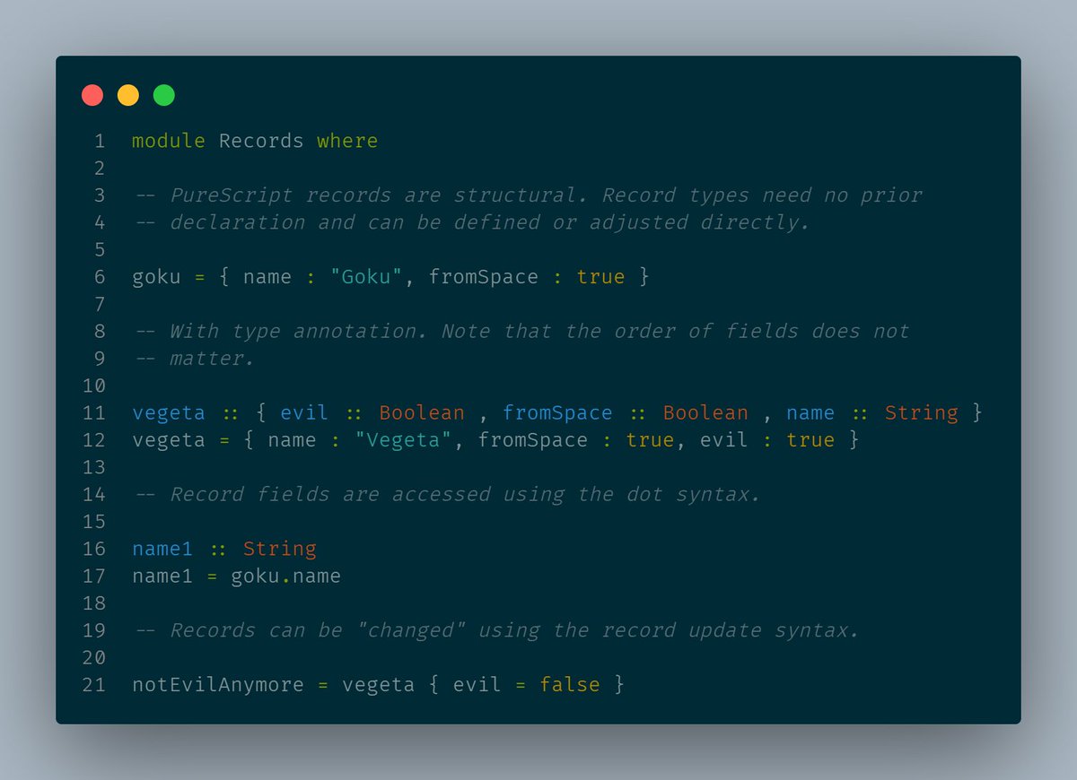 Savlambda's tweet image. PureScript has records as one of the compound types. The most interesting basic property is that all records are structural and not nominal.
(Bits of #purescript)