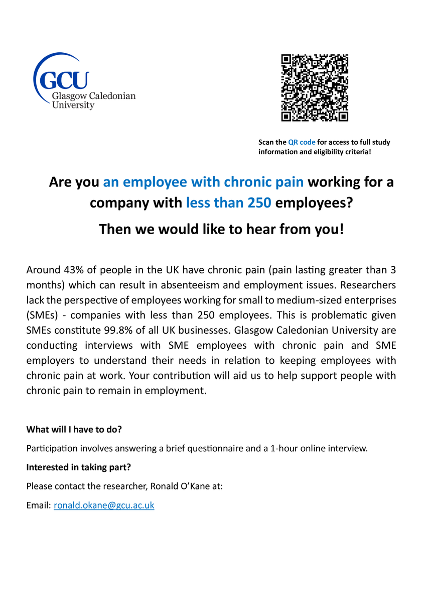 Ronald O'Kane (@rokanegcu) on Twitter photo Excited to be recruiting employees with chronic pain working for a small to medium sized company for a 1-hour online interview study.
See ad below for my contact details!
<a href="/DrJoMcP/">Joanna McParland</a> <a href="/LaterLifeTrain/">Later Life Training</a> <a href="/booth_lorna/">Dr Lorna Booth</a> <a href="/drcjhand/">Christopher J. Hand | @drcjhand@mastodonapp.uk</a> <a href="/GCUEngagement/">GCU Engagement</a> <a href="/Healthy_WL/">Healthy Working Lives</a> <a href="/VersusArthritis/">Versus Arthritis</a> Excited to be recruiting employees with chronic pain working for a small to medium sized company for a 1-hour online interview study.
See ad below for my contact details!
<a href="/DrJoMcP/">Joanna McParland</a> <a href="/LaterLifeTrain/">Later Life Training</a> <a href="/booth_lorna/">Dr Lorna Booth</a> <a href="/drcjhand/">Christopher J. Hand | @drcjhand@mastodonapp.uk</a> <a href="/GCUEngagement/">GCU Engagement</a> <a href="/Healthy_WL/">Healthy Working Lives</a> <a href="/VersusArthritis/">Versus Arthritis</a>