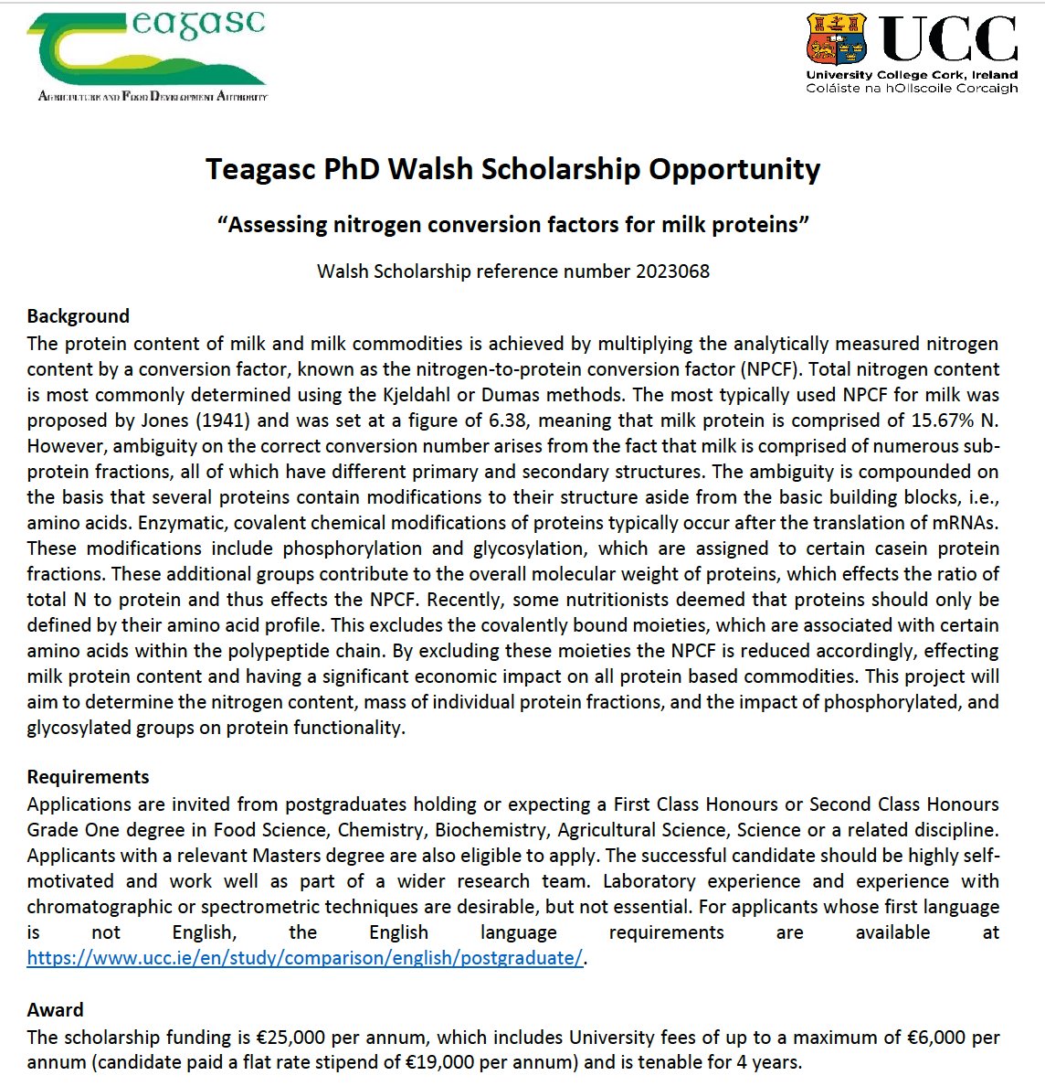Currently recruiting a PhD student to join our research project based in @TeagascFood and @fnsucc on 'Assessing nitrogen conversion factors for milk proteins'. Deadline for applications is the 3/11/2023 and more information can be found here teagasc.ie/media/website/… and below.