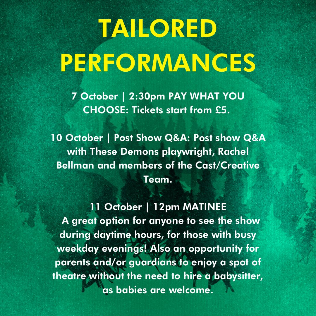 TheseDemonsPlay (@thesedemonsplay) on Twitter photo Check out all these wonderful tailored performances we have coming up! 🍂
Saturday 7 Oct | 2:30 PWYC.
Tickets start from £5!
Tuesday 10 Oct | Post Show Q&A
Wednesday 11 Oct | 12PM Matinee 
Perfect for anyone with busy evenings. Parents & babies welcome!
<a href="/theatre503/">Theatre503</a> Check out all these wonderful tailored performances we have coming up! 🍂
Saturday 7 Oct | 2:30 PWYC.
Tickets start from £5!
Tuesday 10 Oct | Post Show Q&A
Wednesday 11 Oct | 12PM Matinee 
Perfect for anyone with busy evenings. Parents & babies welcome!
<a href="/theatre503/">Theatre503</a>