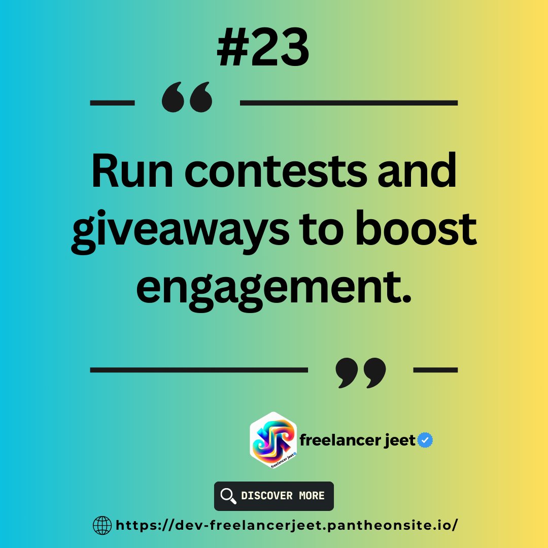 post no 23 out of 100.
.
.
#ContestMania
#GiveawayFever
#EngageAndWin
#ContestAlert
#GiveawayTime
#EngagementBoost
#WinBig
#ContestMagic
#GiveawayFun
#EngageToWin
#ContestBuzz
#GiveawayGoodies
#EngageAndCelebrate
#WinningMoments
#ContestTime
#GiveawayBonanza
#EngageAndReward