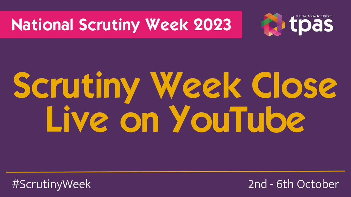 Join us over on our YouTube Channel at 1pm for the Live close of #ScrutinyWeek 2023, with @TpasEngland Chief Executive, <a href="/TpasJenny/">Jenny Osbourne 💙</a>: youtube.com/@TPASEngland/s…

We hope you've gotten involved with this year's #ScrutinyWeek, and made the most of our free sessions and webinars!