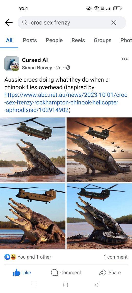 This is going too far. Cursed AI renditions of CROC SEX FRENZY: Low-flying army choppers spark romp in the swamp abc.net.au/news/2023-10-0…