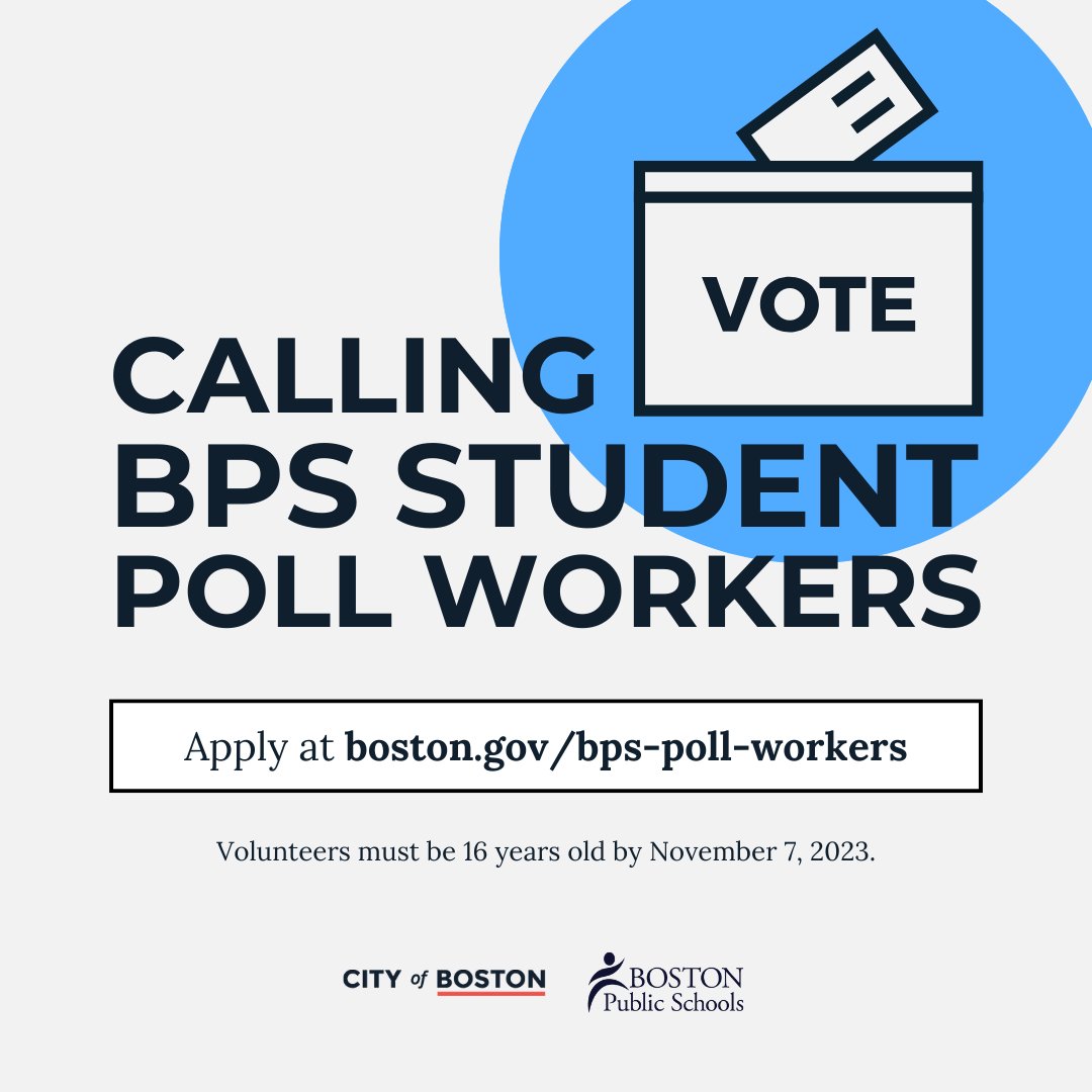 BostonSchools's tweet image. Now is a great time for civic engagement! As part of a collaboration between @BostonSchools and @BostonElections, BPS students aged 16+ are eligible to participate as student poll workers this election day, Tues., Nov. 7. Paid opportunity.

Apply today!: 
Boston.gov/bps-poll-worke…