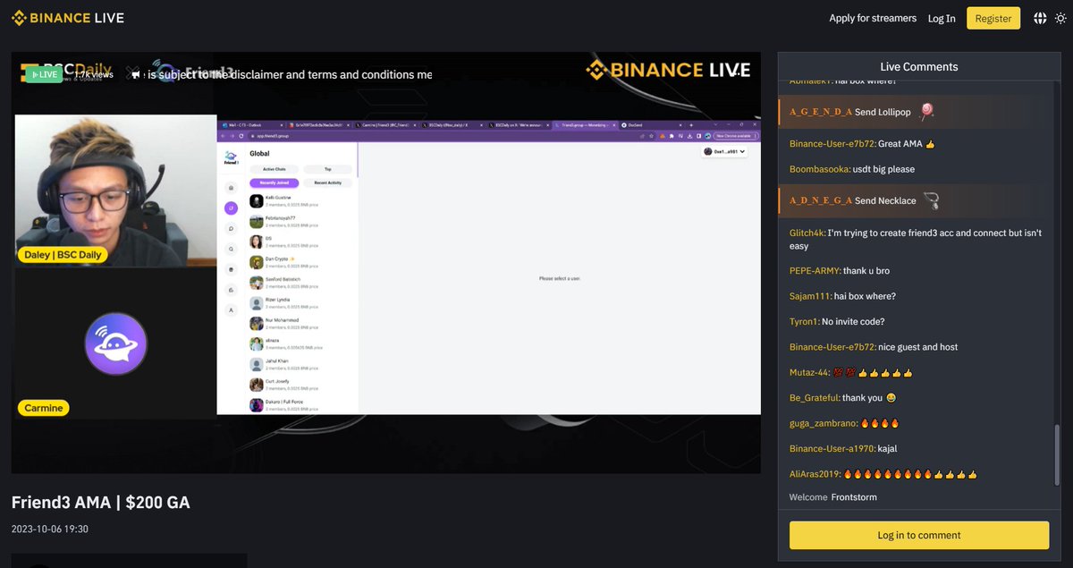 Friend3AI's tweet image. 🔴 LIVE NOW with @bsc_daily on #BinanceLive! Don&apos;t miss out on our #AMA. Got questions? 

Drop them during the live chat! 🎤✨
$200 + 20 Unlimited Codes up for grabs! 🔥 👉 

Watch here: binance.com/en/live/video?…

See you there! 🚀 

#Friend3 #AMA #Airdrops #Giveaway