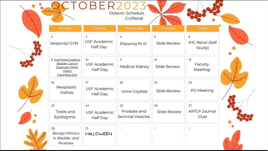 hcabrandonpath's tweet photo. Happy October! Let's FALL into learning about GU/Renal topics this month 🍁

#hcaflbrandonpathology #pathologydidactics
#didacticschedule
#pathology https://t.co/bQ26QDUlJD