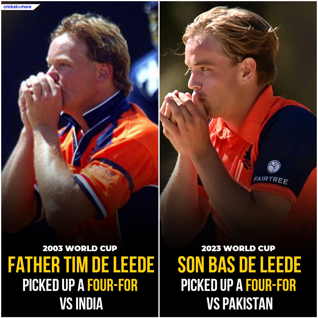 cricketnmore's tweet photo. The Famous Father Son-Duo Of Netherlands!
#WorldCup2023 #CWC23 #Netherlands #BasDeLeede #TimDeLeede #India #Pakistan https://t.co/bfkPe4ITHU