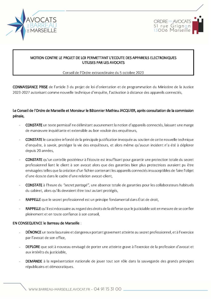 📢 𝐋𝐞 𝐁𝐚𝐫𝐫𝐞𝐚𝐮 𝐝𝐞 𝐌𝐚𝐫𝐬𝐞𝐢𝐥𝐥𝐞 𝐬𝐞 𝐦𝐨𝐛𝐢𝐥𝐢𝐬𝐞 𝐜𝐨𝐧𝐭𝐫𝐞 𝐮𝐧𝐞 𝐚𝐭𝐭𝐞𝐢𝐧𝐭𝐞 𝐢𝐧𝐚𝐜𝐜𝐞𝐩𝐭𝐚𝐛𝐥𝐞 𝐚𝐮 𝐬𝐞𝐜𝐫𝐞𝐭 𝐩𝐫𝐨𝐟𝐞𝐬𝐬𝐢𝐨𝐧𝐧𝐞𝐥 𝐝𝐞𝐬 𝐚𝐯𝐨𝐜𝐚𝐭𝐬 !
➡️ barreau-marseille.avocat.fr/fr/actualites/…
<a href="/CNBarreaux/">Conseil national des barreaux - les avocats</a> <a href="/Conf_Batonniers/">ConférenceBâtonniers</a> <a href="/Avocats_Paris/">Avocats de Paris</a>