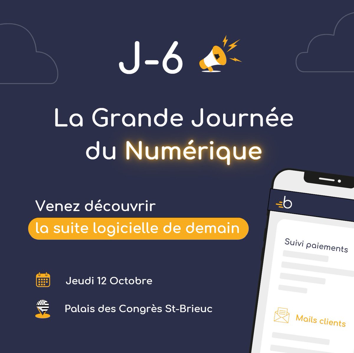 🚀 J-6 avant la Grande Journée du Numérique ! 

📅 Jeudi 12 octobre 
📍 Palais des Congrès de St-Brieuc

Nous sommes impatients de vous rencontrer et d’échanger avec vous ! 🙋‍♂️

#GrandeJournéeDuNumérique #StBrieuc #LogicielDeComptabilité