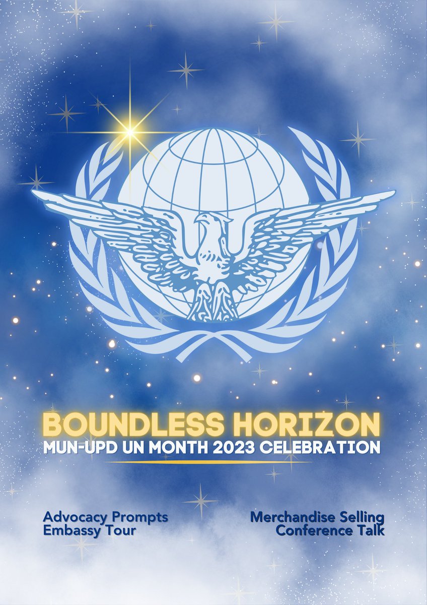 MUN_UPD's tweet photo. This October, MUN-UPD invites you on an incredible journey of exploration in a boundless horizon of UN Month. Our events will showcase advocacies, share inspiring stories, and shed light on social realities, all in the pursuit of equity, peace, and justice 🤝🕊️🌟

#UNMonth
#TDEL https://t.co/3vzjY2OGHL
