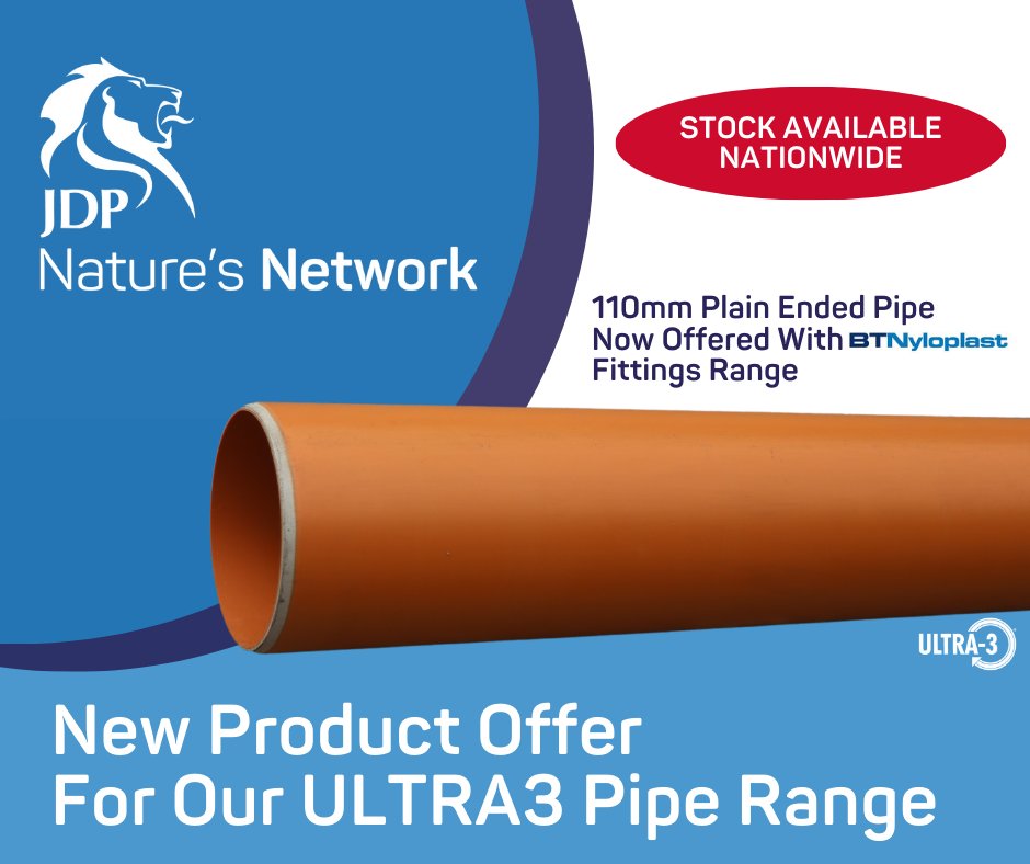 New product offer!​
We now offer 110mm (3m or 6m) plain ended​ ULTRA3 pipe with an extensive range of ​BTN fittings!​ We have stock available nationwide in branch and also online.​
Find your nearest branch visit brnw.ch/21wDgWW
Order online visit brnw.ch/21wDgWV