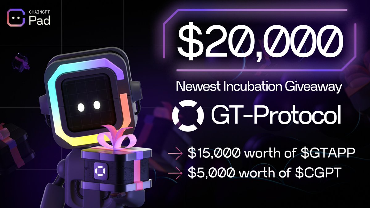 🚀 Exciting news! Together with our newest incubation partner @GT_Protocol, we are hosting a $20,000 worth giveaway! 🪂 Join to win: - $15,000 in $GTAPP - $5,000 in $CGPT How to enter: 🔶 Gleam: gleam.io/lhEgi/20000-ai… 🔶 Telegram bot: t.me/GTProtocolAird…