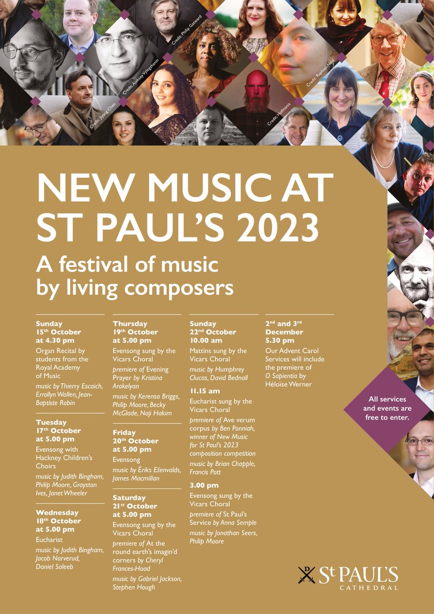 Introducing New Music at St Paul's, a week-long festival of music by living composers, with premieres of works by Cheryl Frances-Hoad, Kristina Arakelyan,  Ben Ponniah and Anna Semple.
Join us from 15th to 22nd October.