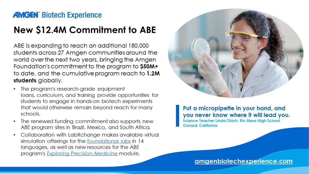 We are excited to share that the Amgen Foundation has announced a fresh commitment of $12.4 million to the Amgen Biotech Experience, increasing the total commitment to US $50 million since 1991. Learn more in the attached slide!! #biotechexperience <a href="/AmgenFoundation/">Amgen Foundation</a> #EDCTweets