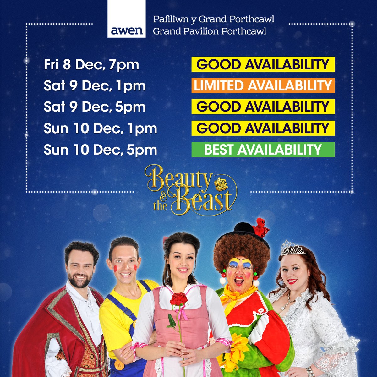 Be the first to see our enchanting family pantomime Beauty and the Beast on opening weekend – and get the best value tickets to boot! But don’t hang about; they're selling fast! Book yours TODAY 🤩🌹 📆: 8 - 31 December 🎟️: awenboxoffice.com/whats-on/beaut… #PorthcawlPanto