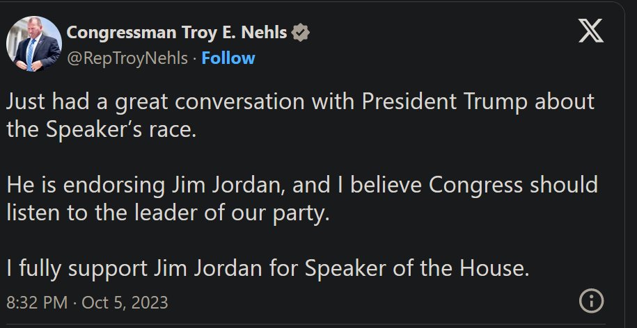 APPARENTLY - PRESIDENT TRUMP 45 HAS ENDORSED JIM JORDAN FOR SPEAKER - What do you think?  Good choice?

“Just had a great conversation with President Trump about the Speaker’s race,” Nehls posted on Twitter Thursday evening. “He is endorsing Jim Jordan, and I believe  Congress