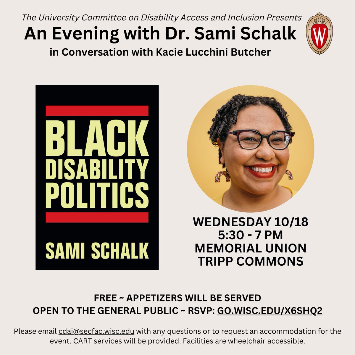 Wednesday October 18 the @UWMadison University Committee on Disability Access & Inclusion is hosting a #BlackDisabilityPolitics book talk & signing. @RoomofOnesOwn will be there selling books. Hope to see you there, Madison!