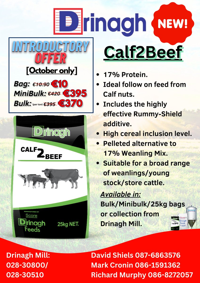 Drinaghagri's tweet image. #FarmFriday
Check out our new Calf2Beef feed.
🔥Introductory offer for the month of October!🔥

#cattlefeed #cattle #calves #beef #farming #westcork #specialoffer 
#drinaghmill #scoredrinaghfeeds 
#drinaghcoop