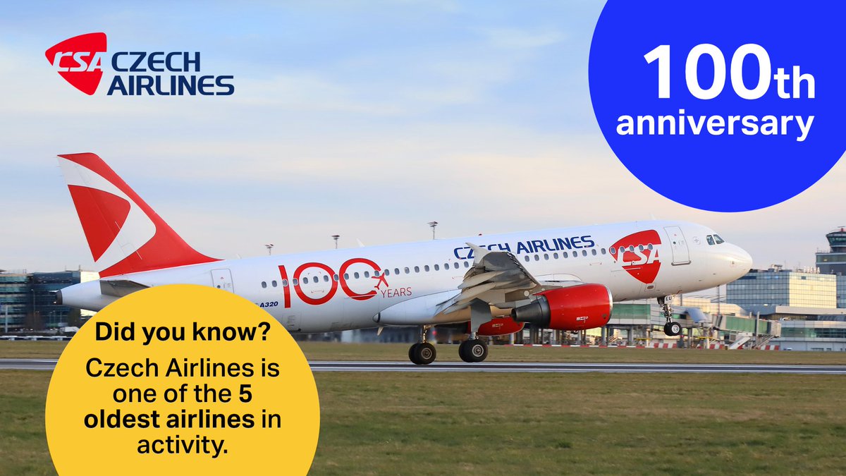IATA's tweet photo. 🎉🇨🇿 Today we celebrate the 100th anniversary of one of our members, @CzechAirlines

✈️ Operating since 1923 with an inaugural flight from Prague to Bratislava, Czech Airlines is one of the 5 oldest carriers in the world, and part of the 57 founding members of IATA. https://t.co/od35blReka