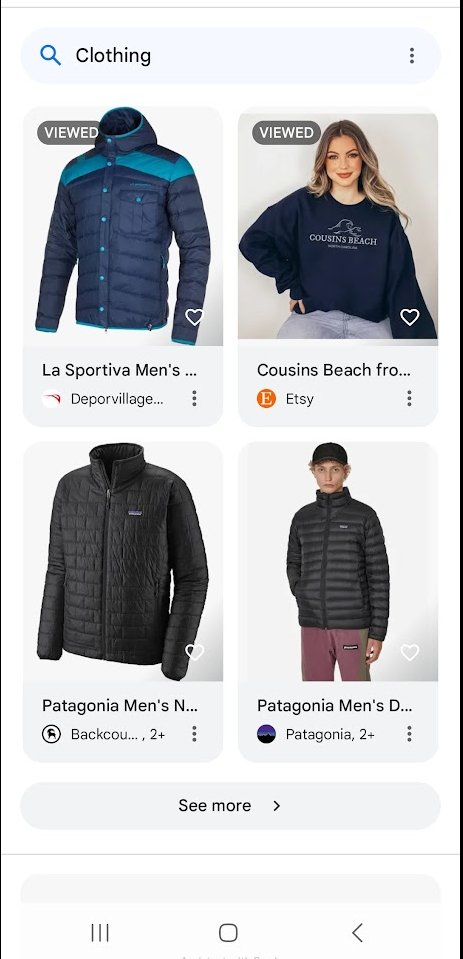 glenngabe's tweet photo. Focus on ecommerce &amp; interested in Discover? Interesting to see a "Clothing" module show up yesterday as we approach the Q4 shopping season. 4 products showed up, some that were viewed, leading to a shopping page with stores. The title led to a fresh SERP for "Shop Clothing": https://t.co/iycdRQneGq