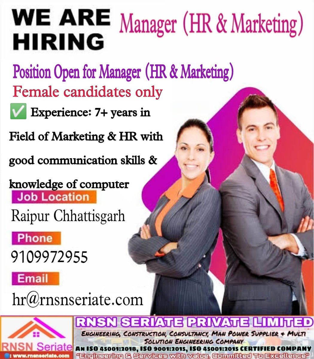 PoojaDew_RNSN's tweet photo. #Position_open_Manager (HR &amp; Marketing)

✅Position Open: Manager (HR &amp; Marketing)
✅Desirable Qualification: Graduation 
✅Job Profile
    Evaluating and optimizing marketing and pricing strategies.
    Overseeing branding, advertising, and promotional campaigns. https://t.co/ilgQCblKi8