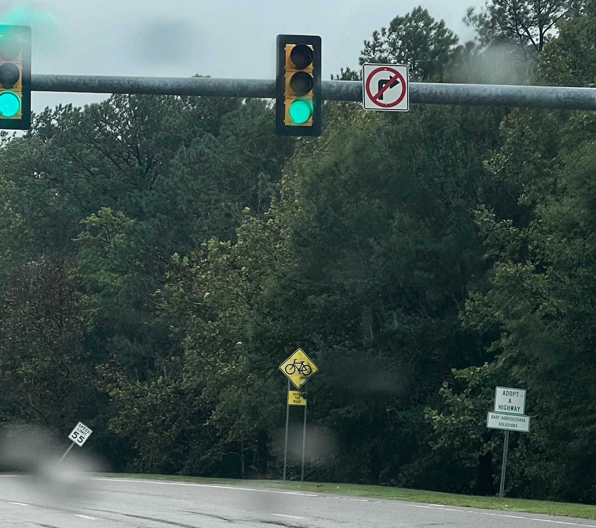 This morning I drove to @TheRTP. There are short rec trails on campuses, but no network of sidewalks or bike paths. See this juxtaposition of road signs on TW Alexander: Adopt a Highway, Share the Road, Speed Limit 55MPH (knocked over). #WeekWithoutDriving