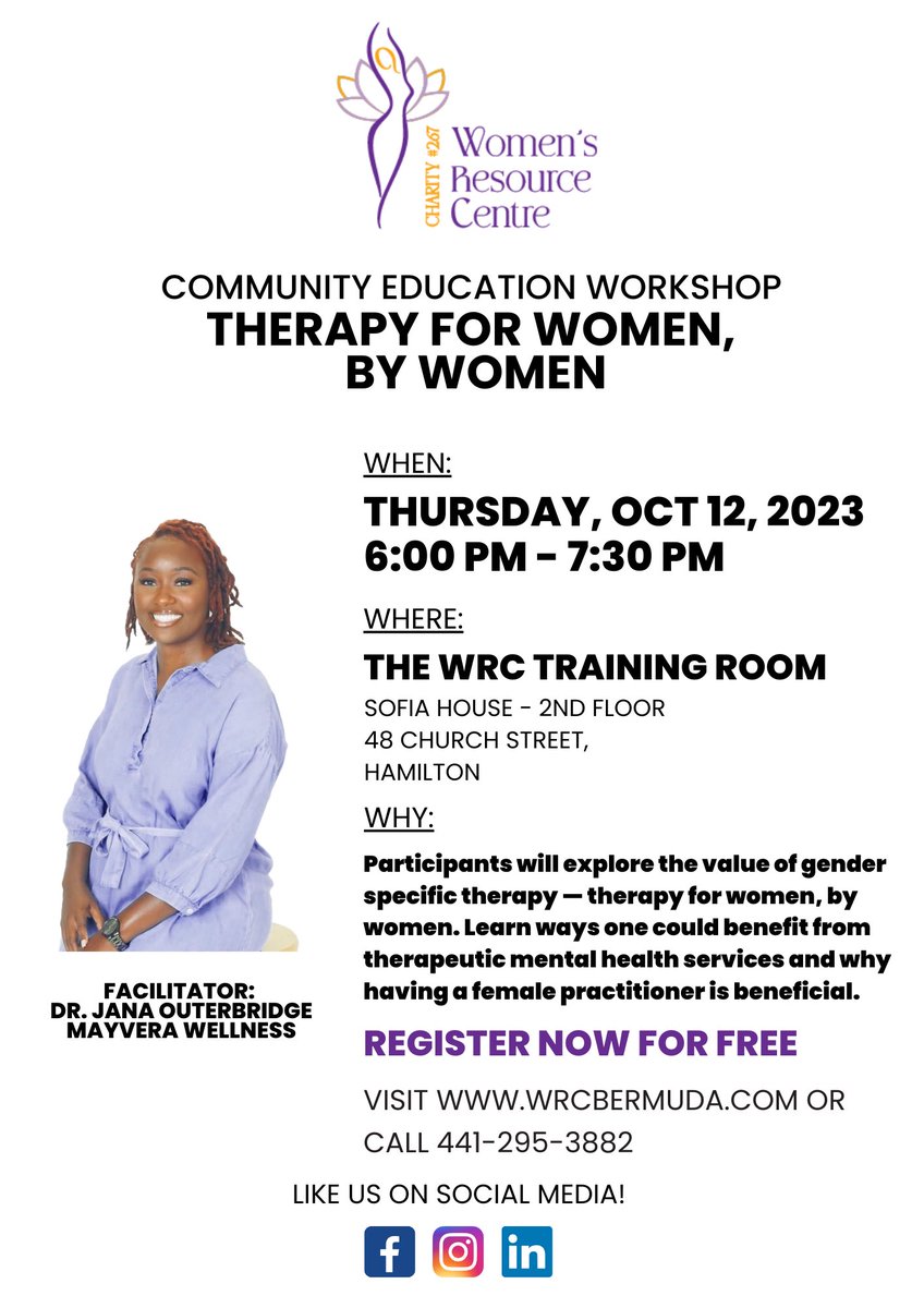 I invite you to join me at the Women's Resource Centre for a free workshop during Mental Health Awareness Week. I will be guiding a workshop dedicated to therapy tailored specifically for women and led by women.

Register Today:

lnkd.in/efDaEpcj