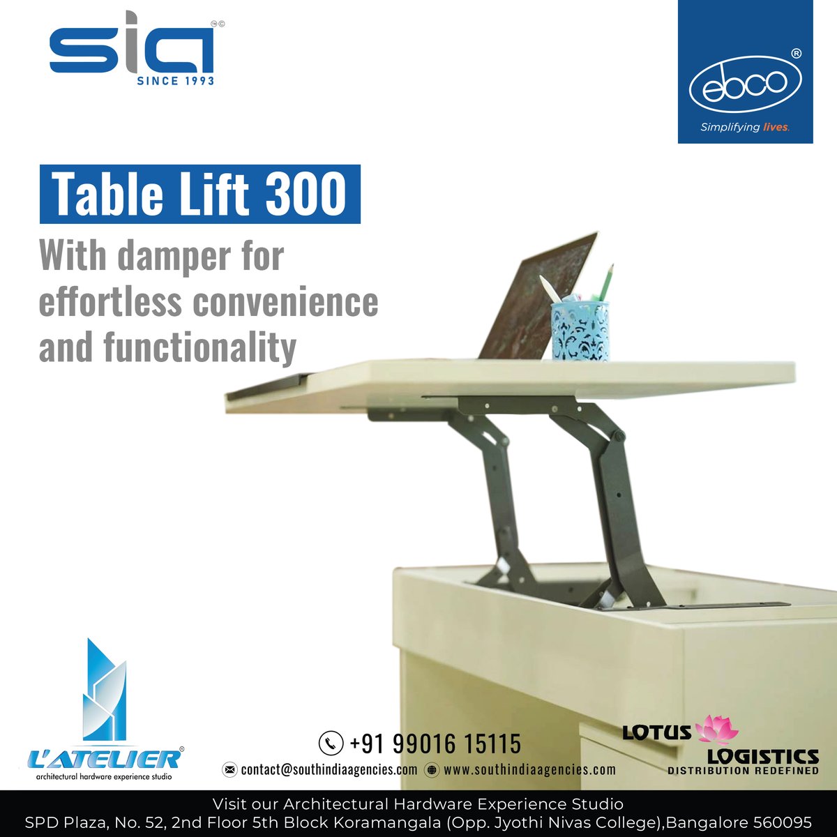 south_agencies's tweet image. At South India Agencies, Ebco's Table Lift 300 with damper provides smooth and regulated height adjustment, boosting furniture design utility and user experience. For more choices, visit or call today at SIA.

#southindiaagencies #ebco #home #interior #table #tablelift #design