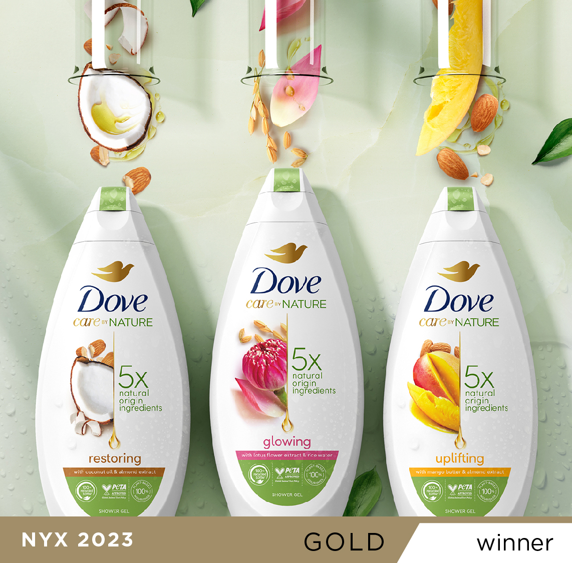 Our pack identity for @Dove Care By Nature (Unilever, Global) won Gold at the @nyxawards — Thanks!