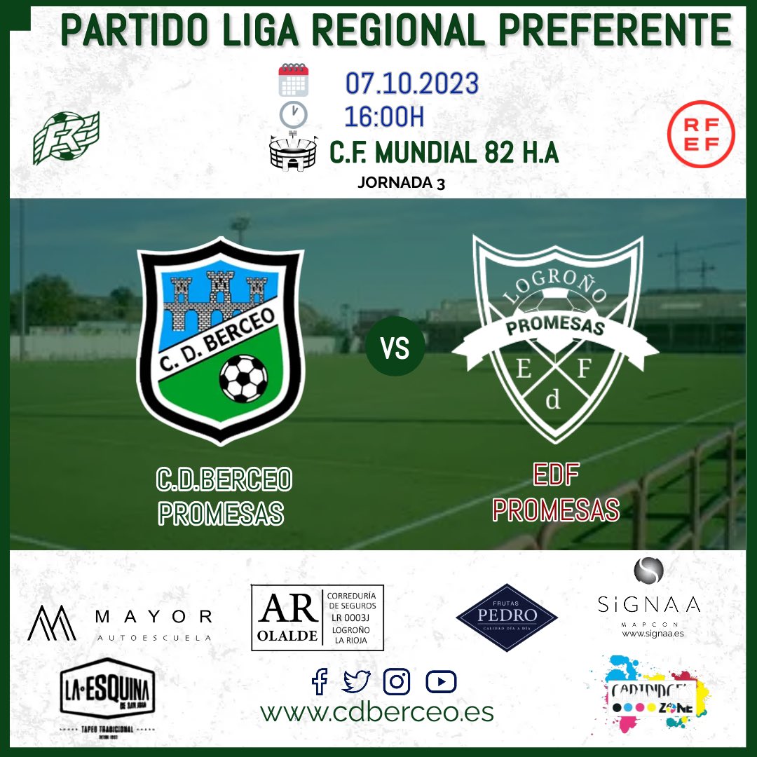 cdberceo's tweet photo. 🏆REGIONAL PREFERENTE🏆

🆚 @EDFL_oficial 

📅 Sábado 7 octubre 

🕕 16:00

🏟️ C.F.MUNDIAL 82 HA

⚽️ Jornada 3

💚💙💚💙 https://t.co/30bVLxMQ1I