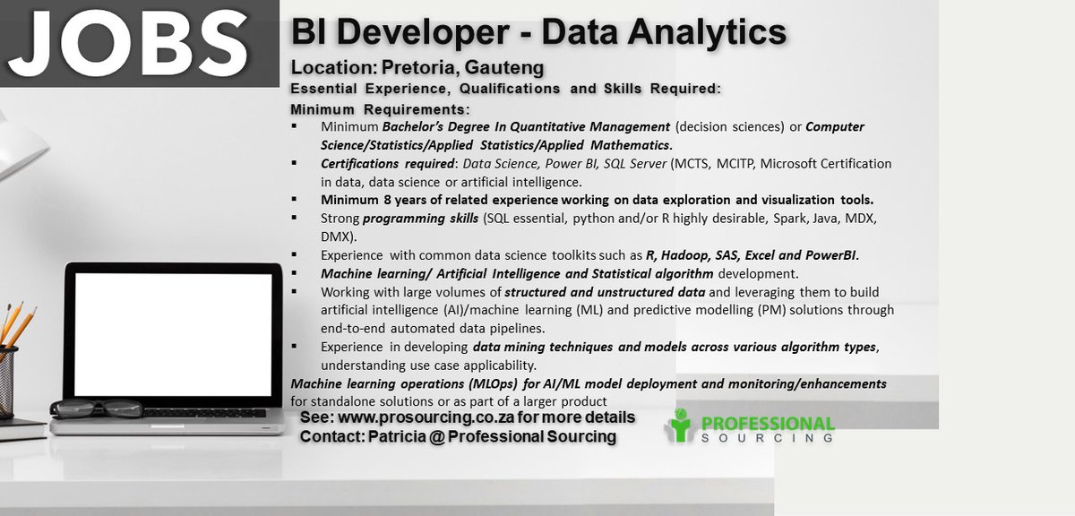 ProSourcingZA's tweet photo. https://t.co/bxz4ObwvxT
A leading South African audit firm requires the knowledge and skill of a BI Report Developer.

#reportdeveloper #JobSeekersSA #professionalsourcing #informationaltechnology https://t.co/mPpf5wzpDg