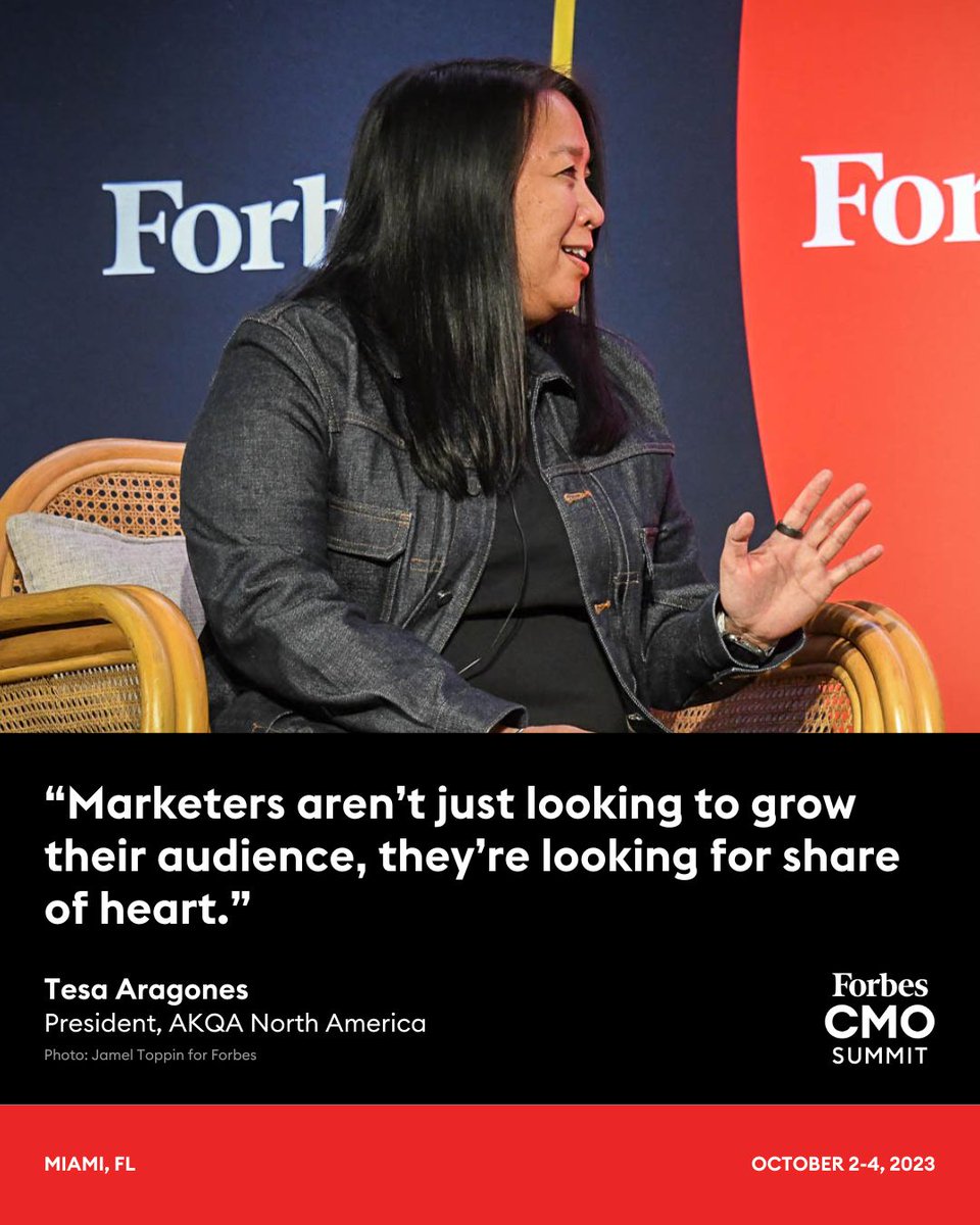 .<a href="/TesaAragones/">Tesa Aragones</a>, president at <a href="/AKQA/">AKQA</a> North America, spoke about solving problems at the 2023 #ForbesCMO Summit. trib.al/mCHQMgc