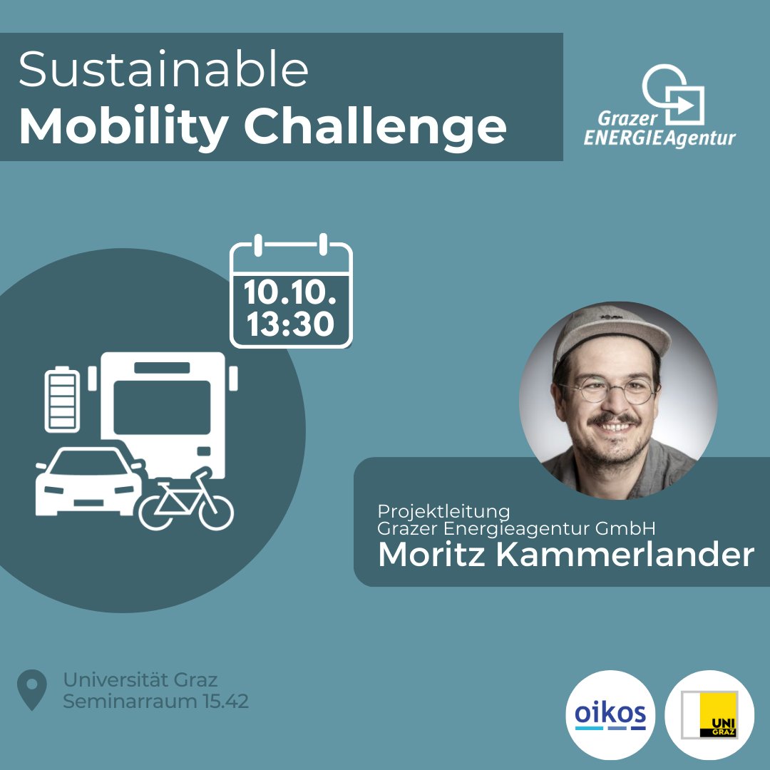 🚘Sustainable Mobility Challenge!
oikos Graz lädt zur Sustainable Mobility Challenge ein. 
Moritz Kammerlander wird Herausforderungen und Lösungen im Bereich nachhaltige Mobilität vorstellen

🗨Wir freuen uns auf einen inspirierenden Austausch!
▶Anmeldung lnkd.in/dQdtdH64