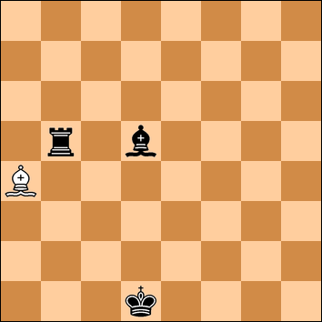 A chess board. A white bishop is on a4. A black king is on d1, a black rook on b5, and a black bishop on d5.