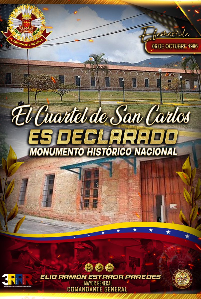 🗓️ El 6 de Octubre de 1.986 se declaró al Cuartel San Carlos Monumento Histórico Nacional.

📌 Con la llegada de nuestro Comandante Hugo Chávez, el Cuartel se convirtió en un museo.