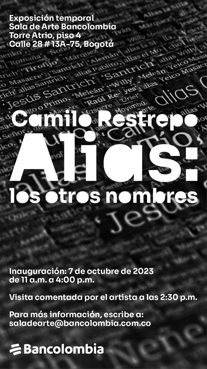 simon_posada (@simon_posada) on Twitter photo Este sábado, en la Sala de Arte Bancolombia de la Torre Atrio, visita guiada por <a href="/restrepator/">camilo restrepo</a> sobre los 503 alias que dibujó en 2020 Este sábado, en la Sala de Arte Bancolombia de la Torre Atrio, visita guiada por <a href="/restrepator/">camilo restrepo</a> sobre los 503 alias que dibujó en 2020