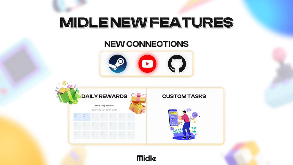 midle_official's tweet photo. As you may know, the new updates are live.🚀So, what are these updates? 🤔

Let's take a look together: 

 New Connections:  

🎮Steam  
🔜Youtube  
💻Github  
✨ Custom Task 

We made adjustments to enable our users to actively check the Leaderboard, and we have fixed any active bugs.✅

In addition, we have also added daily rewards to allow our users to earn more XP and boost their activity.🎁