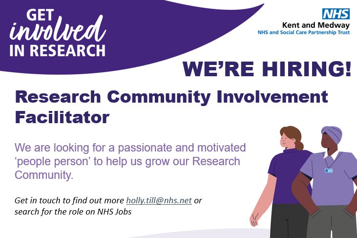📣 New vacancy📣

⭐ An exciting opportunity to join our ambitious team ⭐

If you have experience of working with community organisations, the voluntary sector or more generally in public engagement, we want to hear from you!

This is an exciting new role funded by @NIHRCRN_kss