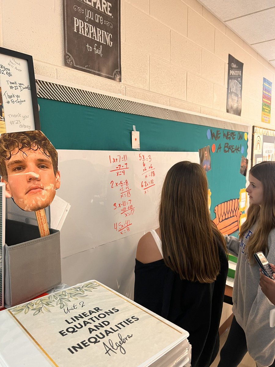 MissGalvan1's tweet photo. Fun Friday at the whiteboards! First day introducing solving one and two step equations. It’s amazing to see how much kids can do if you just give them the space and the time to think! Also peep @ViolettParker watching over. https://t.co/wjnAKU1GOA