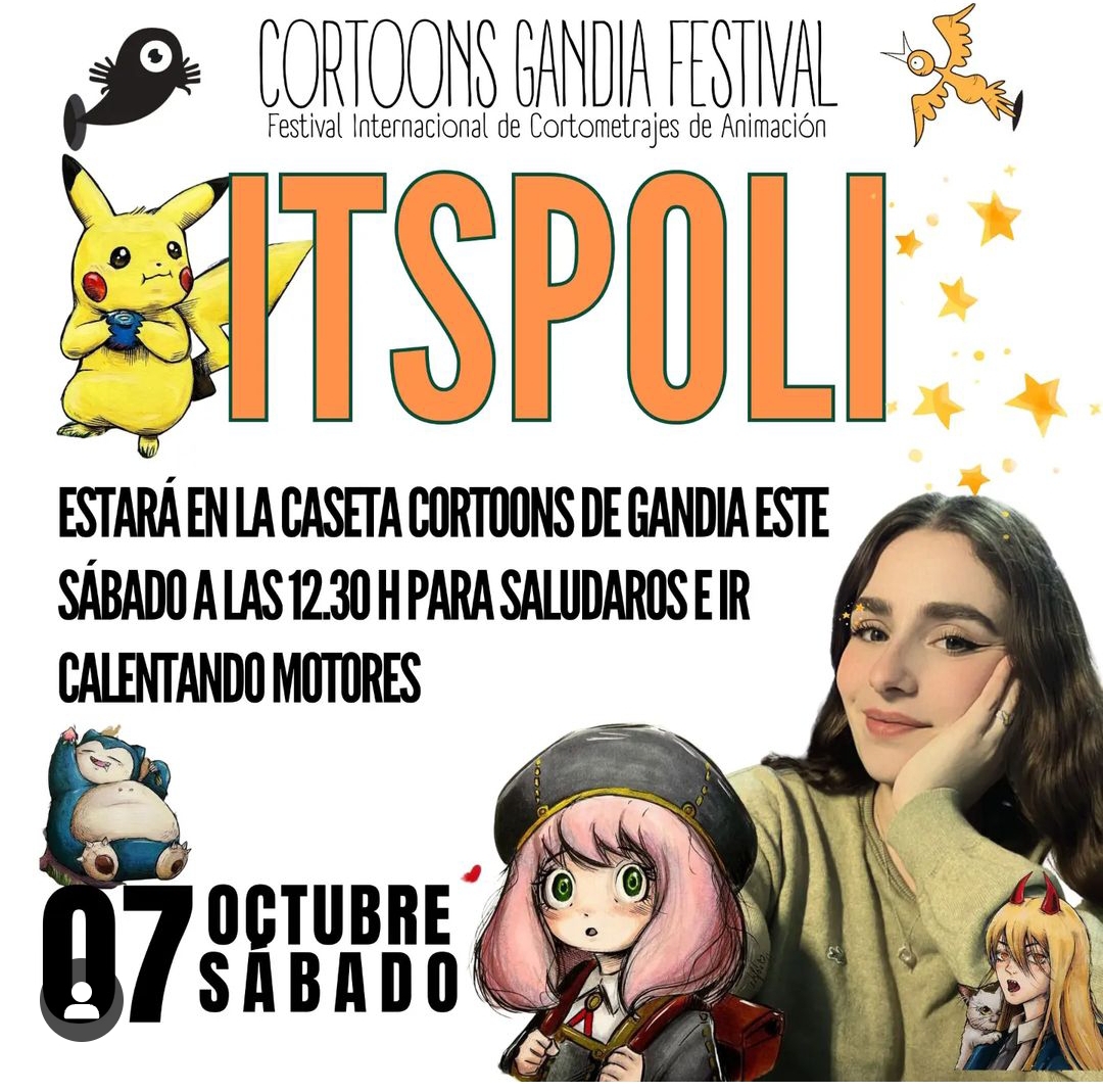 Itspoli  estará este sábado 7 de octubre a las 12.30 en la caseta Cortoons de Gandia en el Paseo Germanias frente a la casa de Cultura para saludaros esperando la charla del sábado 22 al Cortoons  Gandia Festival. ¡¡Nos vemos el sábado!! cortoons.es <a href="/itspoli_/">pau🍜 🖌</a>
