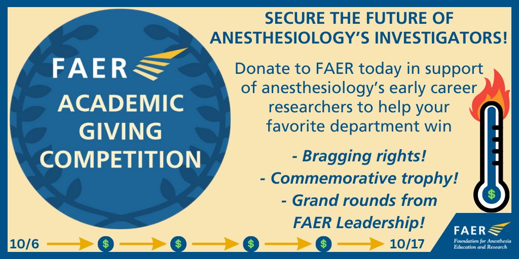 FAER’s 2nd annual Academic Giving Competition is officially underway! 🥳 Support #anesthesiology's future researchers & help the 29 participating departments win fabulous prizes with a donation @ the link! Learn more & donate: FAER.org/AGC #FAERagc #TheFutureIsFAER