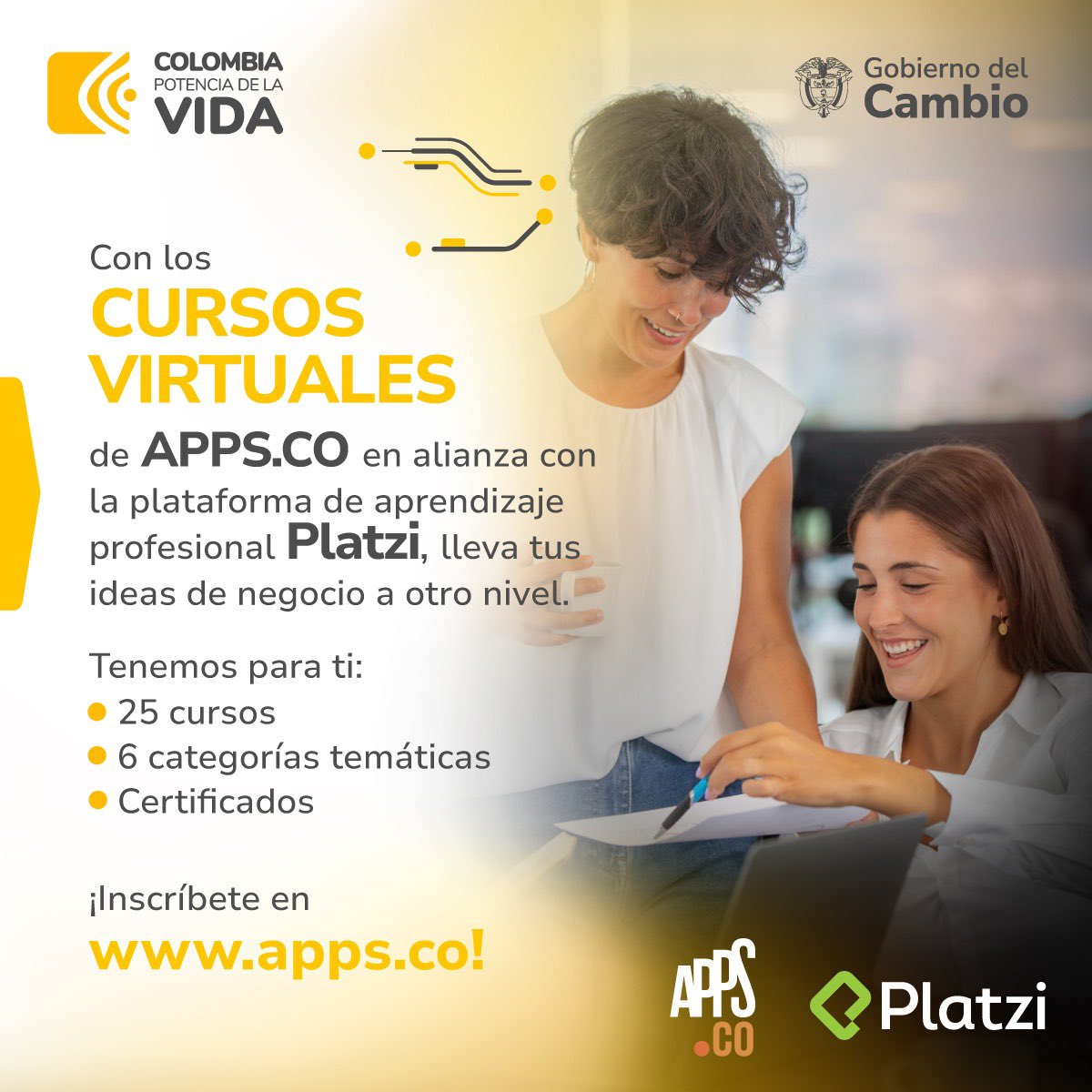 Aprovecha y únete hoy a la comunidad de <a href="/AppsCo/">APPS.CO</a>, una de nuestras iniciativas más importantes para impulsar las habilidades digitales de las #MujeresTIC en #Colombia⭐️.

✅Sin costo, virtuales y con certificación de <a href="/Platzi/">Platzi</a>.
Conoce la oferta e inscríbete:👉 bit.ly/3QzA2ob